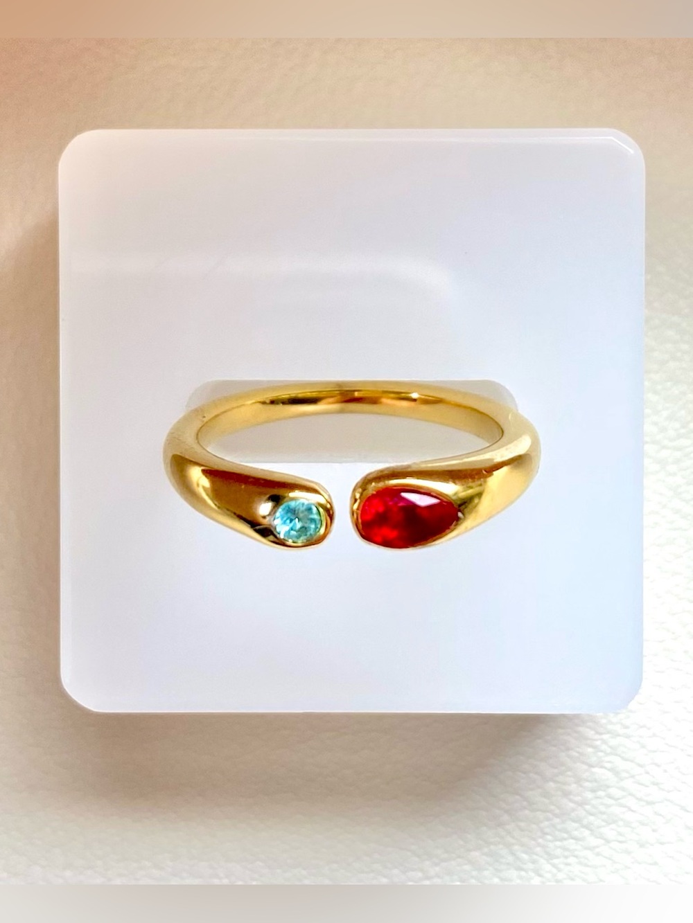 Gold Open-Band Ring with Red and Blue Gemstones